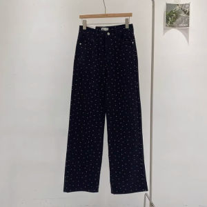 Y2K Korean Style Womens Black Polka Dot Wide Leg Jeans New High Waisted Slimming Draped Floor-Length Straight Pants Streetwear