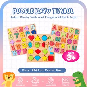 Puzzle Chunky Ukuran Medium 20x20cm Angka Huruf Besar Mainan Puzzle Anak Kayu