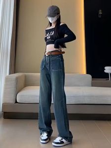 Celana Jeans Pinggang Tinggi Retro Biru Muda Gaya Korea untuk Wanita Celana Kaki Lebar Longgar