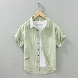 Summer New Casual Loose Ice Silk Shirt Jacket Mens Thin Breathable Striped Short Sleeve Shirt Youth Fashion Loose Fit Button up