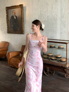 Pusumede Dreamy Lavender French Strap Dress Womens Lace Splicing Design Sensation Net Long Skirt Polyester Spandex Summer Print Dress