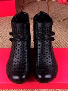 Leather Hollow out Short Boots Chunky Heel Mesh Boot Cowhide Soft Bottom Retro Casual mid Age Dance Lightweight Mesh Boot