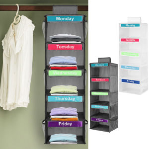 5-Layers Closet Hanging Storage Bag with Label Kids Weekly Clothes Organizer Foldable Clothes Organizer for Hats Socks Towels