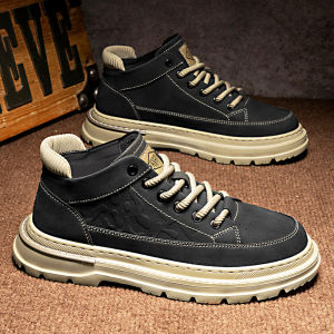 Mens Winter Martin Boots Retro British Style Motorcycle Short Boots Sporty Genuine Leather High Top Thick Bottom Anti-slip Outdoor Work Boots