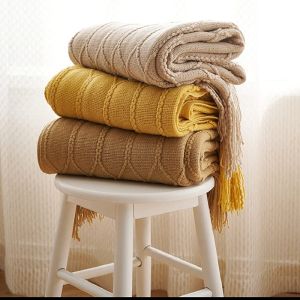 ถักโยนผ้าห่มสําหรับโซฟาและเตียงห้องนั่งเล่นนุ่มตกแต่งบ้านถักผ้าห่มพู่กลางแจ้งน้ําหนักเบาBreathable