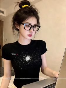 Black Tight-Fitting Short-Sleeved T-Shirt Slimming Starry Splash Painted