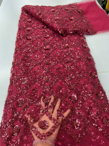 African Mesh Sequins Lace Fabric 5Yard 2026 High Quality Embroidered Nigerian French Beaded Lace Fabric for Wedding Dress Sewing