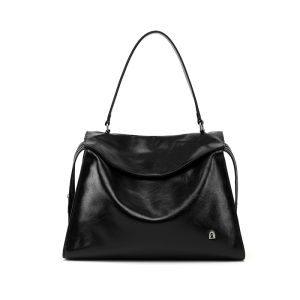 LA FESTIN | Top Grain Leather Fold-Over Hobo Bag Black Commuter Large Capacity