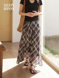 Vintage Plaid Chiffon High Waisted Slimming Lightweight Flowy A-line Skirt