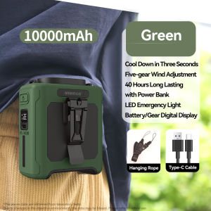 Portable Waist Fan 10000mAh Summer Fan with LED Light and Power Bank Strong Airflow Cooling Fan for Outdoor Working