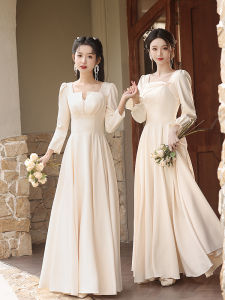 Champagne Color Long Sleeve Maids Dress Korean Style A-Line Skirt Wedding Party Female Clothing Polyester Fabric Midi Dress
