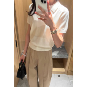 YUEZHONGWEI | Áo thun tay ngắn màu trắng bằng lụa băng dệt kim ôm vừa vặn cổ polo kiểu Pháp mùa hè cho nữ thường ngày