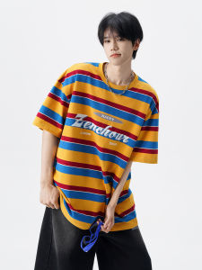 American Retro Rainbow Stripes Color Block Short Sleeve Mens T-shirt Summer Lazy Atmosphere Loose Casual Half Sleeve Top