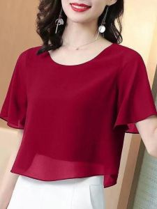 เสื้อยืดผ้าชีฟองแขนสั้นสำหรับผู้หญิงไซส์ใหญ่ ฤดูร้อนปี 2025 เสื้อแฟชั่นทรงเข้ารูป ดีไซน์ลดอายุ ทรงเข้ารูป ไม่มีกระเป๋า