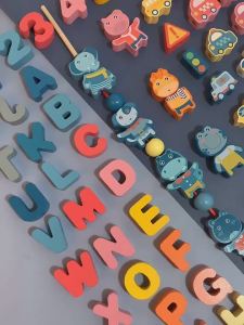 Kids Montessori Wooden Lacing Toy DIY Wooden Beads For Children Cartoon Animals Fruit Letter Digital Beads Threading Toys Gifts