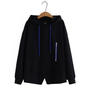 เสื้อสเวตเตอร์คอวีแขนยาวสีดำมีฮู้ดแบบหลวมๆ สำหรับผู้หญิง ทรงหลวม สไตล์เกาหลี ผ้าฝ้ายผสม