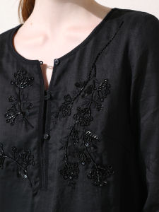 Miccbeirn | Pure Flax Embroidered Beaded Vintage Style Chinese Fashion Long Dress Slimming Solid Color Straight Cut Midi Skirt