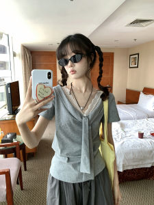 Áo Thun Nữ Tay Ngắn Cổ Chữ V Ren Thắt Lưng Phong Cách Hàn Quốc Hollyii Pure Desire Áo Thun Nữ Mùa Hè 2025