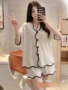 Miiow | Ice Silk Sleepwear Womens Summer Short Sleeve Shorts Set With Chest Pad Sweet Cute Style Home Clothes Casual Thin Polyester Fiber
