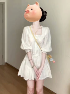 French Style Square Collar White Shirt Dress Womens Summer 2025 New Unique Beautiful Small Set Short Skirt Sweet High Waist A-Line Skirt