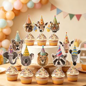 Jungle Animal Cupcake Toppers Wild Animal Head with Party Hat Cake Picks for Safari Birthday Party Decor Supplies