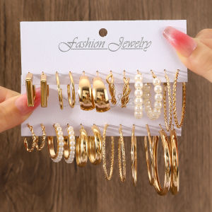 Vintage Silver Color Y2K Pearl Earrings for Women Geometry Round Circle Square Hoop Earring Set Fashion Female Jewelry Accessory