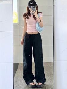 กางเกงทำงานขาบานทรงหลวมสไตล์ย้อนยุคสำหรับผู้หญิง กางเกงขายาวทรงหลวมสีดำแบบยาวพิเศษสำหรับผู้หญิงสูง 175 ซม.