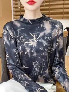 New Chinese Style Water Ink Print Fashion Retro 2024 Autumn Winter Half High Neck Base Top Double Sided Velvet Warmth Womens Sweater