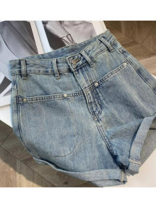 กางเกงยีนส์ขาบานเอวสูงสไตล์เกาหลี ทรงหลวม กางเกงขาสั้นทรงเข้ารูป กระเป๋าใหญ่ ฤดูร้อน ผ้าเดนิม ทรงเข้ารูป