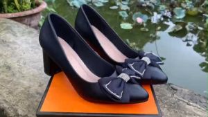 Giày cao gót công sở 5cm gót vuông mũi nhọn có nơ lụa kiểu dáng tiểu thư đế cao su non mềm êm chân