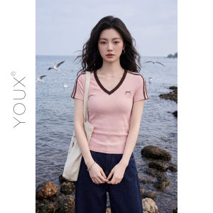 YOUXIANG | Áo Thun Ôm Body Màu Hồng Nhạt Kiểu Hàn Quốc Cổ V