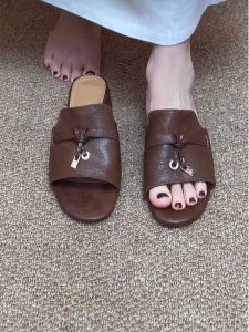 Leather Version~Genuine Leather Retro Metal Buckle Tassel Thick Heel Slippers Women Summer 2025 New Elegance Single Strap Sandals