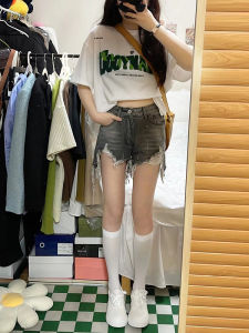 Quần Short Denim Cạp Cao Màu Xám Thanh Lịch Cho Nữ Mùa Hè Cỡ Lớn Quần Bó Chữ a Co Giãn Viền Quần Jeans Cạp Cao