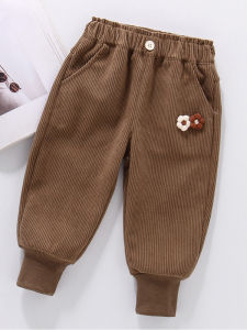Girls Corduroy Pants Spring Autumn Unlined Casual Style Childrens Autumn Wear Plain Pattern Elastic Waist Long Trousers