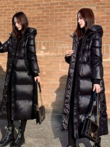New Black down Cotton Jacket Korean Long Bright Surface Womens Thickened Slimming Cotton Coat Trendy Outerwear Fashionable
