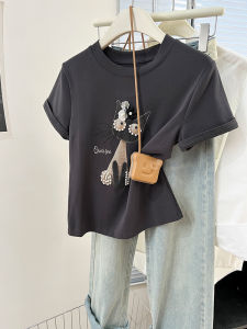 Áo Thun Tay Ngắn Màu Xám in Hình Mèo Cổ Điển Phong Cách Mỹ Dành Cho Nữ Mùa Hè Thiết Kế Vai Áo Ngắn in Hình Mèo
