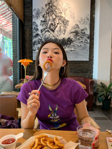 Lolo Jie Short Sleeve Womens T-Shirt Summer New Design Cartoon Anime Print Slimming Effect Korean Style Straight Cut Cotton Blend