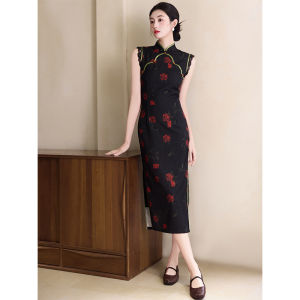 Vintage Style Red Rose Black Qipao Dress