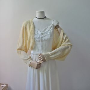 Áo Len Cardigan Dệt Kim Chống Nắng Màu Vàng Nhạt Cho Nữ Mùa Hè 2025 Áo Khoác Ngoài Tay Cánh Dơi Áo Khoác Ngoài Dây Chuyền Váy Áo Khoác Ngắn