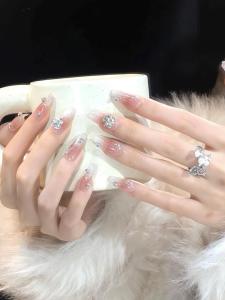 Luxurious Handmade Bridal Nail Art LED Light up Cheek Blush Diamond Studded Wearable Nail Tips Pink Color Scheme Gift Boxed