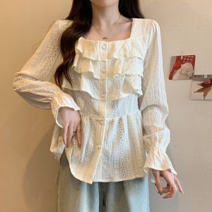 Áo Sơ Mi Nữ Dáng Rộng Tay Dài Cổ Vuông Thiết Kế Kiểu Pháp Mùa Xuân Thu Cỡ Lớn Che Bụng Thon Gọn