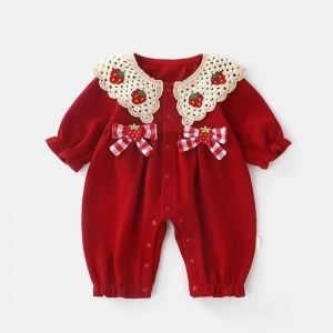 Adorable Strawberry Cartoon Baby Girl Romper Suit Spring Autumn Cotton Polyester Blend Comfortable Long Sleeve Outfit for Infants