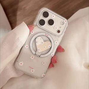 Korean Fold Love Heart Flowers Mirror Magnetic Bracket Phone Case for iPhone 17 16 15 14 13 11 12 Pro Max Clear Shockproof Cover