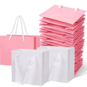 5/10Pcs Mini Gift Bags with Handles Pink White Paper Bags for Business Wedding Birthday Party Shopping Bags