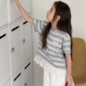Striped Ruffle Trim Short Sleeve Girls Set Trousers