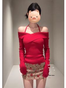 BINKAFENNY | Stylish Red Cross-Shoulder Knitted Base Shirt Womens Autumn Inner Wear Slim Fit Pure Desire Spicy Top Korean Style Long Sleeve