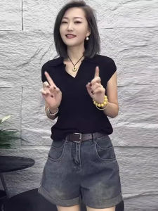 Shalldoer | Bộ đồ hai mảnh không giống ai mùa hè cho nữ Áo thun tay ngắn cổ bẻ Quần short denim ống rộng Bộ đồ không giống ai