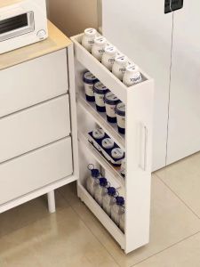 Sliding Kitchen Storage Rack Bedside Narrow Bathroom Organizer Carbon Steel Floor Standing Shelf No Drilling Required