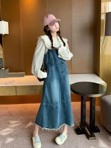 ชุดเดรสยีนส์ทรงหลวมเอวสูงสไตล์เกาหลีสำหรับผู้หญิง ฤดูใบไม้ผลิและฤดูใบไม้ร่วง 2025 ชุดเดรสยาวทรงเอสไตล์ฝรั่งเศสย้อนยุคสำหรับผู้หญิงไซส์เล็ก
