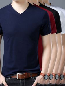 Mens Short Sleeve T-Shirt V-Neck Slim Fit Solid Color Casual Shirt Chicken Heart Neck Summer Short Sleeve Ear Cover